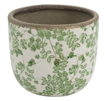 D6x5"  ROUND WHITE CERAMIC PLANTER WITH GREEN FLORAL MOTIF
