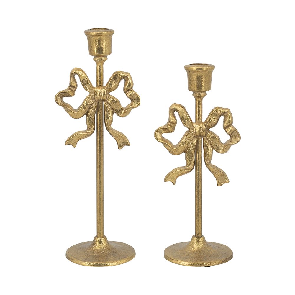 Gold Cast Iron Candleholders with Bow - SET OF 2