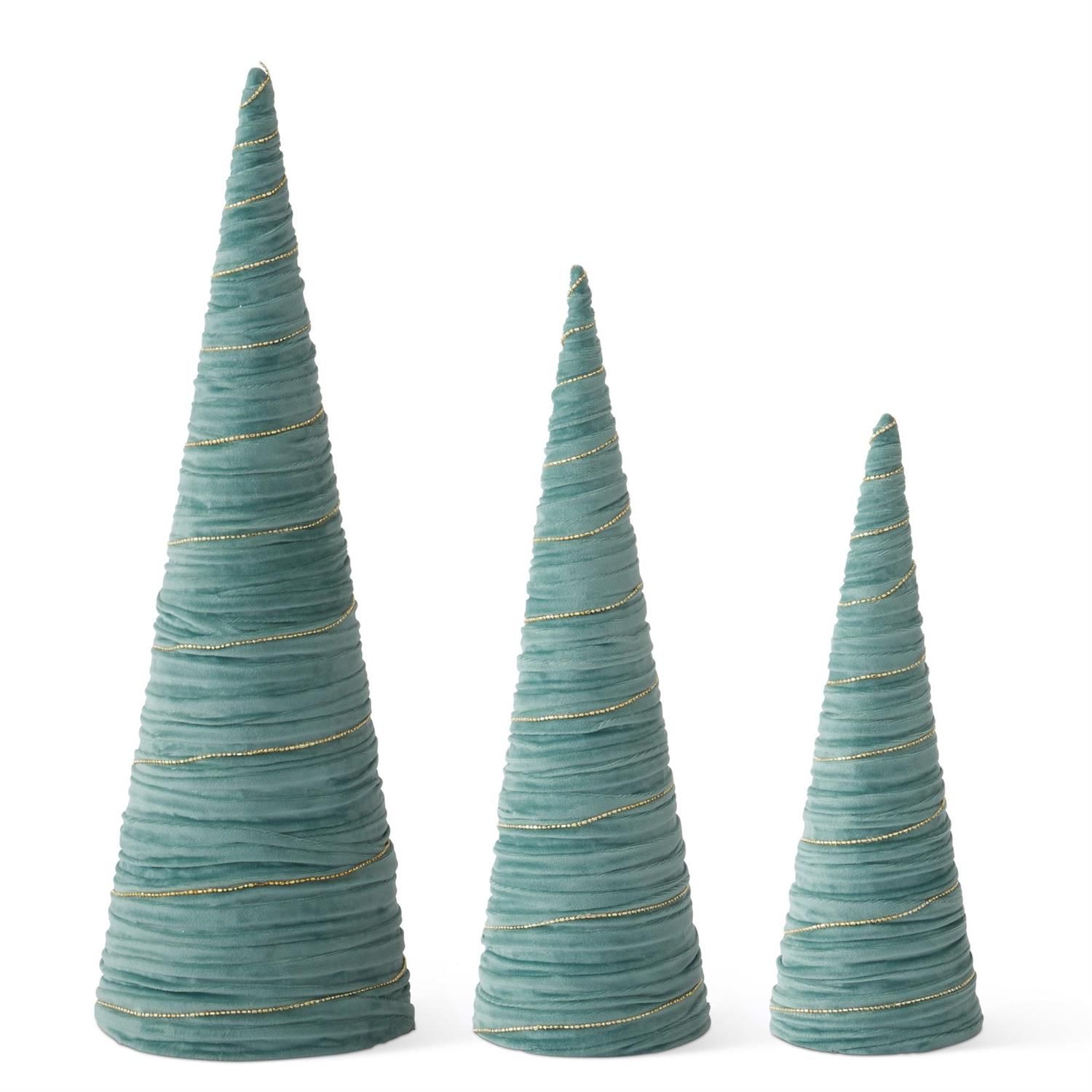 Light Green Velvet Wrapped Trees with Gold Garland - SET OF 3