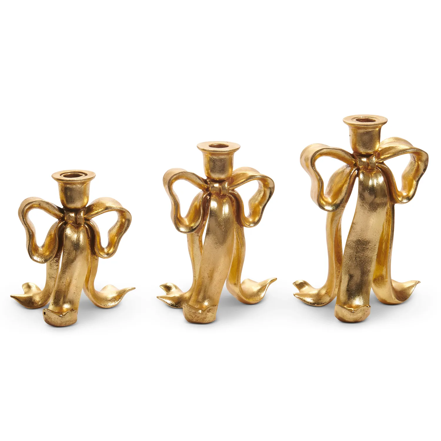 8" METALLIC GOLD BOW CANDLE HOLDER SET - MEDIUM