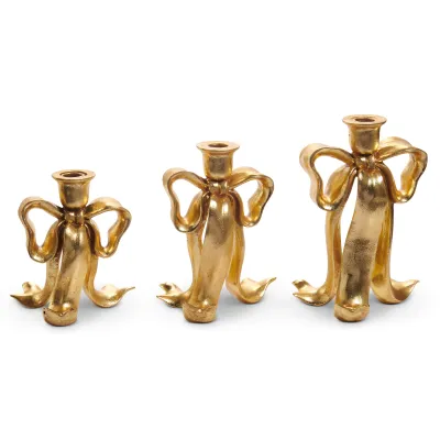 8" METALLIC GOLD BOW CANDLE HOLDER SET - MEDIUM
