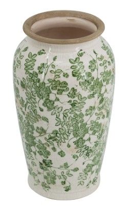 6.5x6.5x11.5" WHITE CERAMIC FLOWER VASE WITH GREEN FLORAL PATTERN