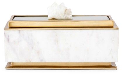 14x4.5x6" WHITE MARBLE ACCENT BOX W/ GOLD METAL ACCENTS AND GEMSTONE