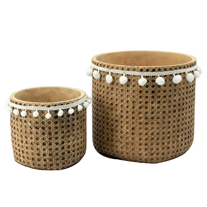 Brown Cement Planters with Rattan Basket - SET OF 2