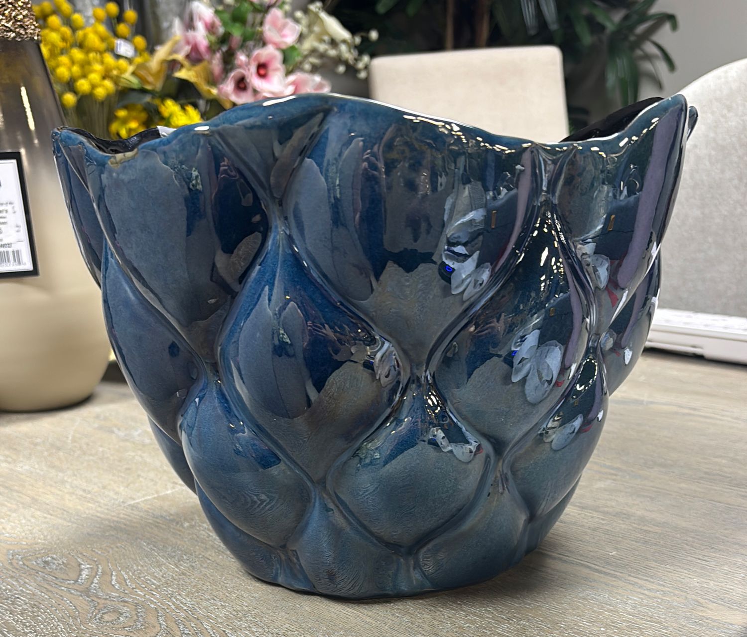 BLUE QUILTED CERAMIC PLANTER