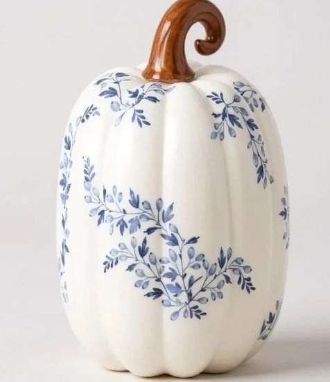 WHITE PUMPKIN WITH BLUE FLORALS - TALL WITH CURLY STEM