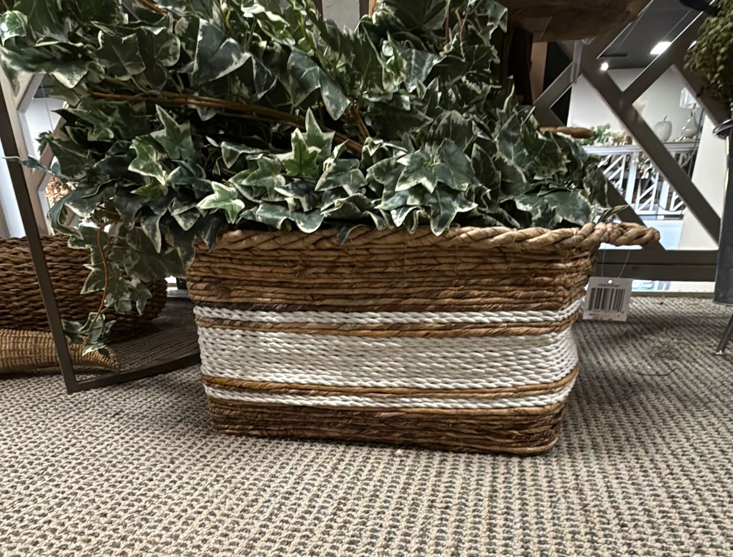 Long brown and white woven basket