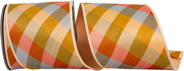 RIBBON - PLAID DEAGONAL AUGUSTA TONAL DELUXE DUPIONI BACKED WIRED EDGE RIBBON, GINGER, 4 INCH, 5 YARDS