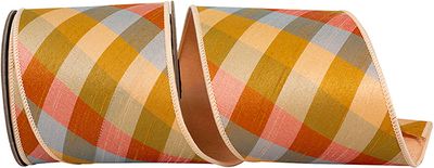RIBBON - PLAID DEAGONAL AUGUSTA TONAL DELUXE DUPIONI BACKED WIRED EDGE RIBBON, GINGER, 4 INCH, 5 YARDS