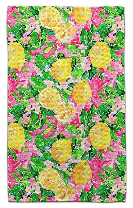 Lemons with Pink Background Waffle Weave Towel