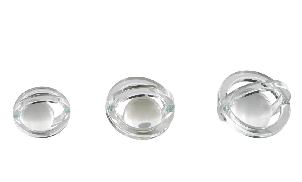 Clear Glass Geometric Orb Decorative Sculpture with Overlapping Rings and Ball Center - LG