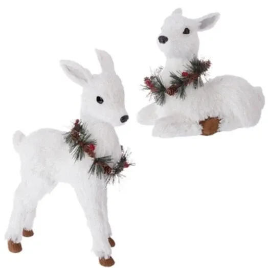 13.5"H White Deer with Holly Wreath