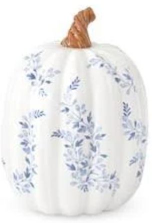 WHITE PUMPKIN WITH BLUE FLORALS - TALL WITH SHORT STEM