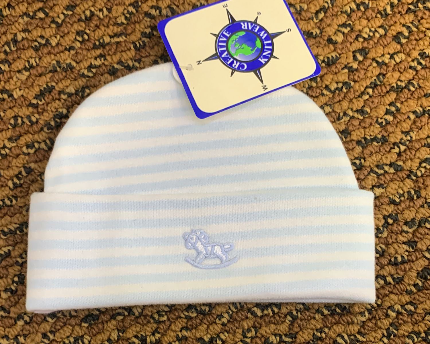 Striped blue rocking horse- baby hat