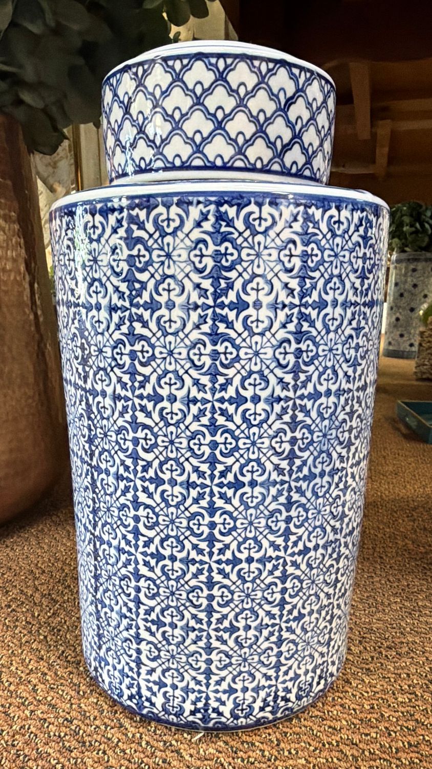 BLUE AND WHITE JAR WITH LID