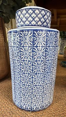 BLUE AND WHITE JAR WITH LID