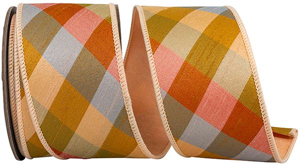 RIBBON - PLAID DIAGONAL AUGUSTA TONAL DELUXE DUPIONI BACKED WIRED EDGE RIBBON, GINGER, 2-1/2 INCH, 5 YARDS