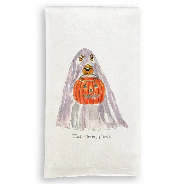 FRENCH GRAFFITI DOG HALLOWEEN "JUST TREATS, PLEASE" KITCHEN TOWEL