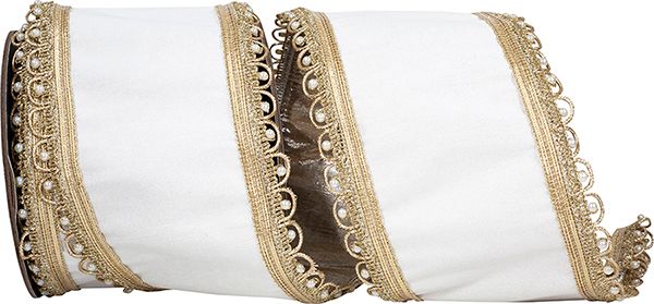 RIBBON - PEARLED EDGE TRIMMING DUPIONI FUSED METALLIC BACKED WIRED EDGE RIBBON, WHITE, 4 INCH, 5 YARDS
