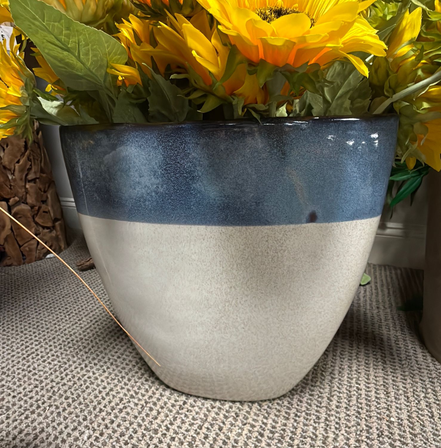 Blue and white speckled vase