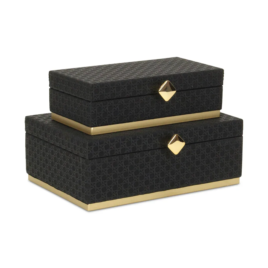 BLACK VINYL FAUX RATTAN RECTANGLE BOX - LARGE