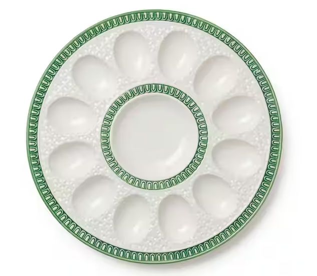GREEN AND WHITE STONEWARE DEVILED EGG TRAY