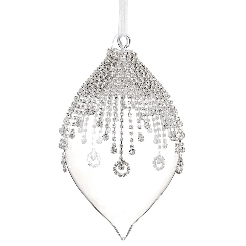6.5" DIAMOND TASSEL GLASS FINIAL ORNAMENT - CLEAR SILVER