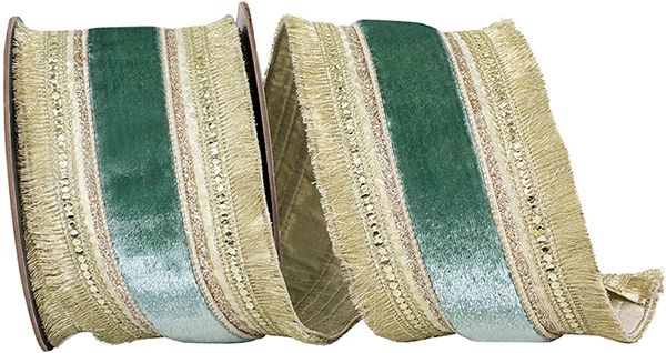 RIBBON - PLUSH AQUA VELVET REGAL TRIMMING FRINGE DELUXE OVERLAY WIRED EDGE RIBBON, AQUA, 4 INCH, 5 YARDS