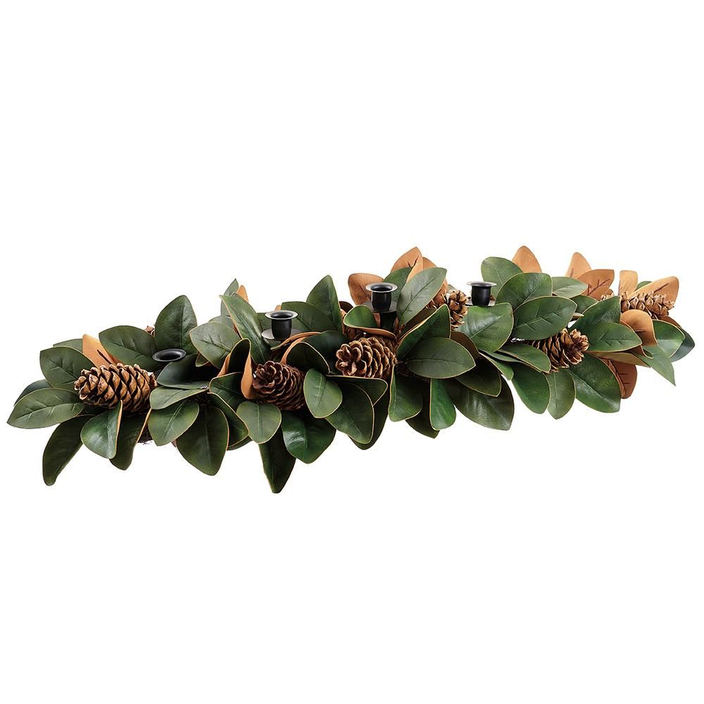 7"Hx46"L MAGNOLIA LEAF/PINE CONE CENTERPIECE W/ TAPER HOLDER X5 - GREEN/BROWN Green Brown