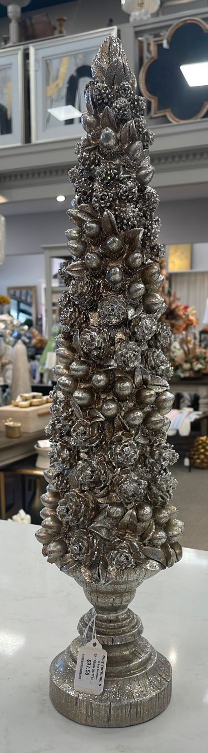 22" RESIN GLITTERED PINCONE AND ACORN TREE ON PEDESTAL