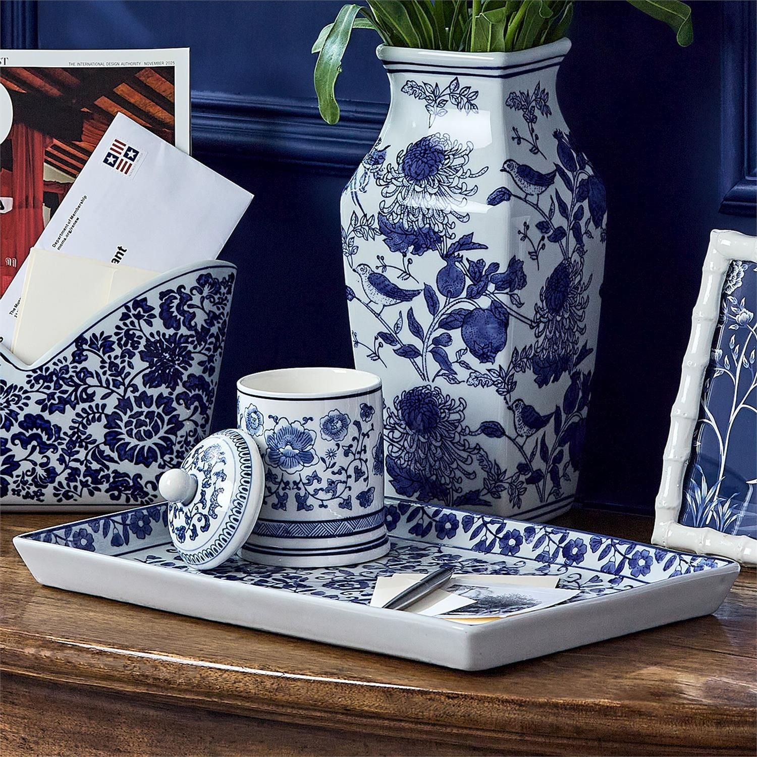 TRAY HAND PAINTED BLUE AND WHITE FLORAL CHINOISERIE