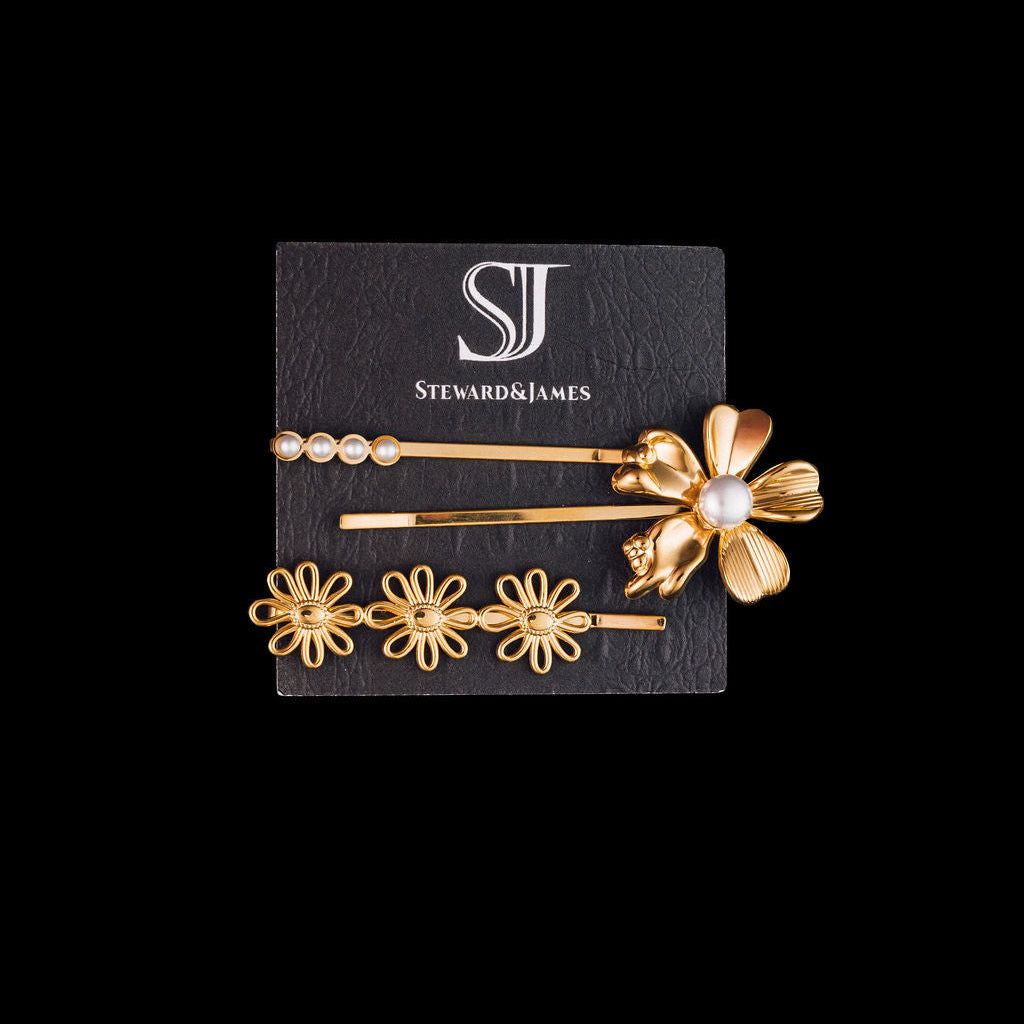 STEWARD &amp; JAMES - FLORAL HAIR PINS - PEARL DAISY