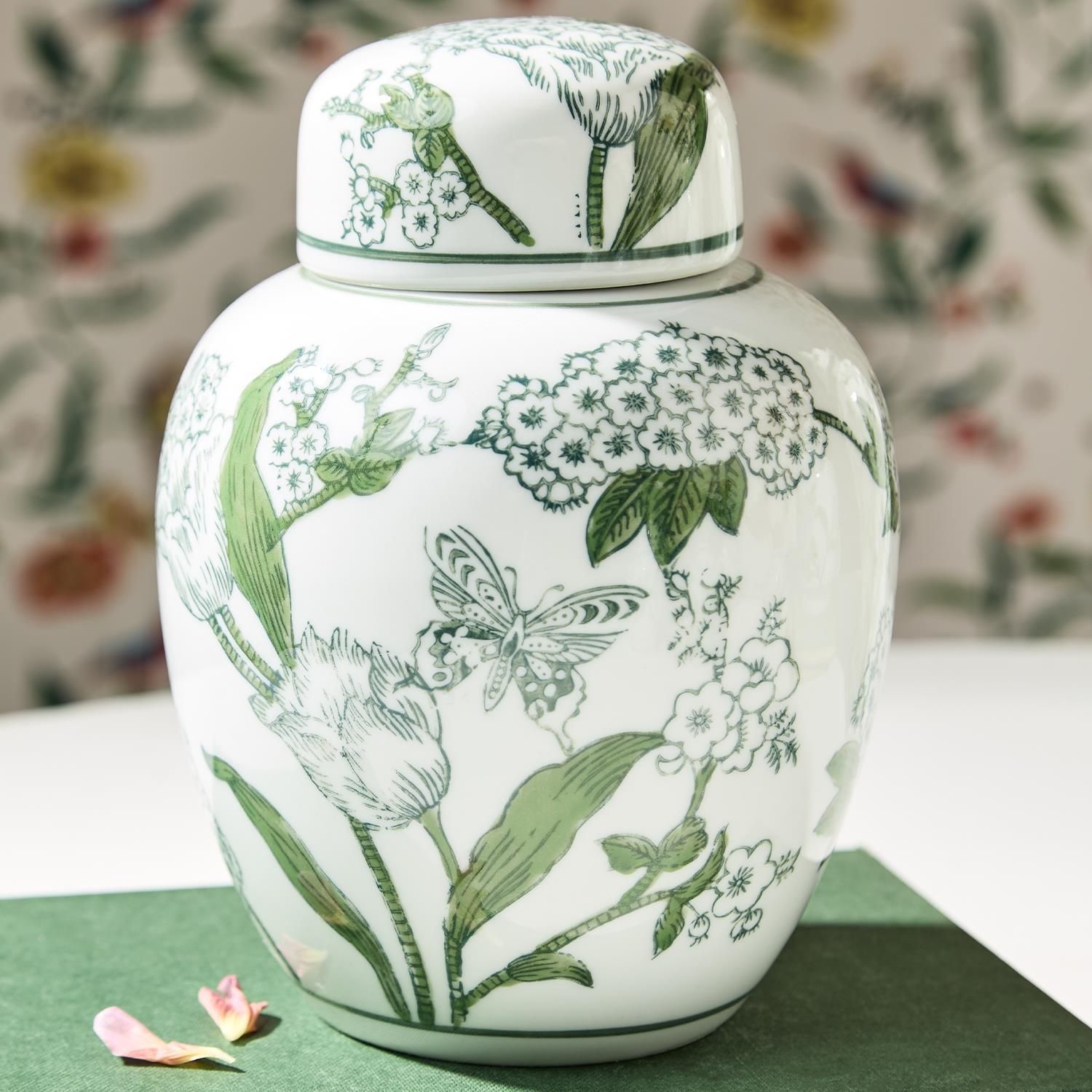 PRIMROSE AND LOTUS GREEN AND WHITE GINGER JAR WITH LID