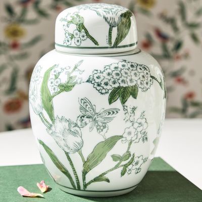 PRIMROSE AND LOTUS GREEN AND WHITE GINGER JAR WITH LID