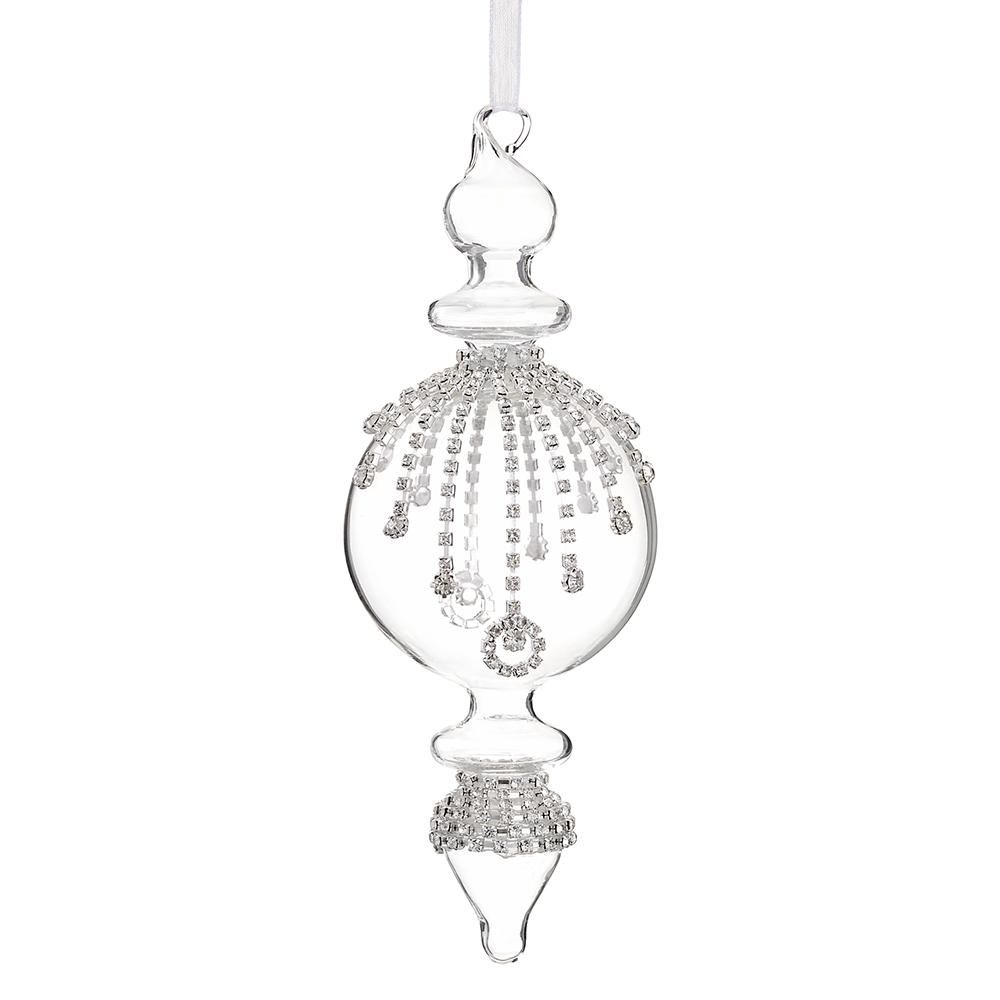 7"DIAMOND GLASS FINIAL DROP ORNAMENT - CLEAR SILVER