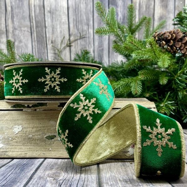 2" x 10yds velvet gold glitter snowflake, just emerald
