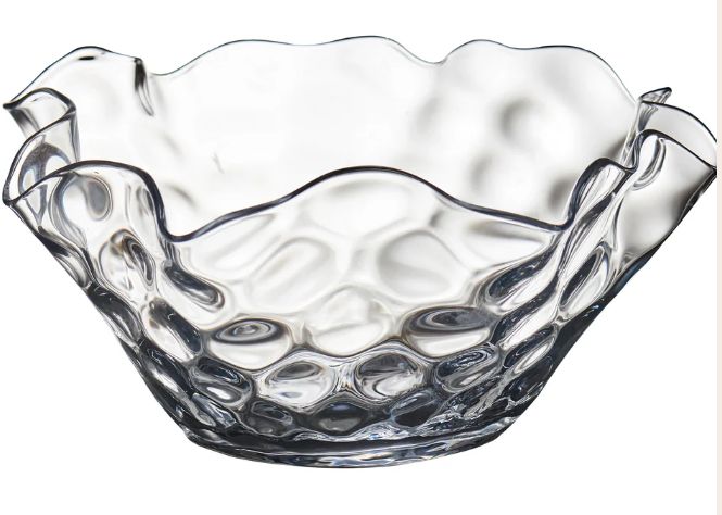 LARGE CLEAR DIMPLED BOWL WITH WAVY TOP