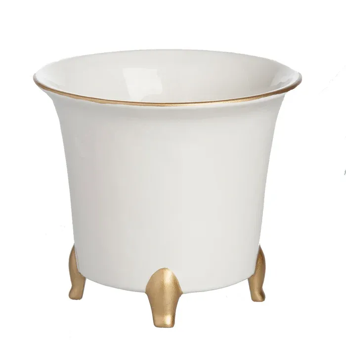 CACHEPOT ROUND LARGE WHITE WITH GOLD FEET
