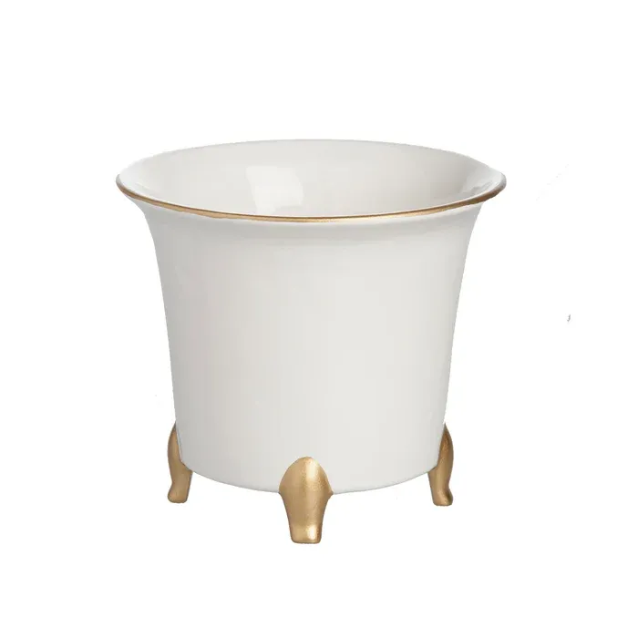 CACHEPOT ROUND SMALL WHITE W/ GOLD FEET