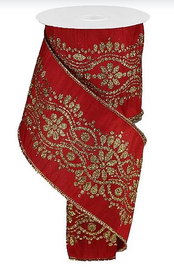 RED POLYESTER RIBBON WITH GOLD GLITTER PATTERN 4IN X 10YD