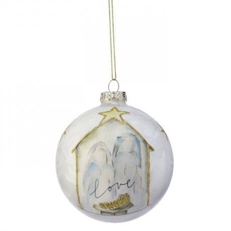 4" GLASS "LOVE" HOLY FAMILY BALL ORNAMENT - CHAMPAGNE/WHITE