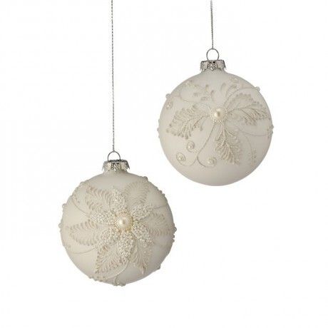 4" GLASS PEARL POINSETTIA BALL ORNAMENT 2/AST - WINTER WHITE