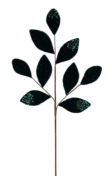 27"L HUNTER GREEN VELVET/GLITTER MAGNOLIA LEAF SPRAY