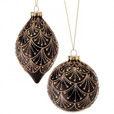 4-5" GLASS ART DECOR DRAPE BALL/FINIAL ORNAMENT 2/AST - BLACK/GOLD
