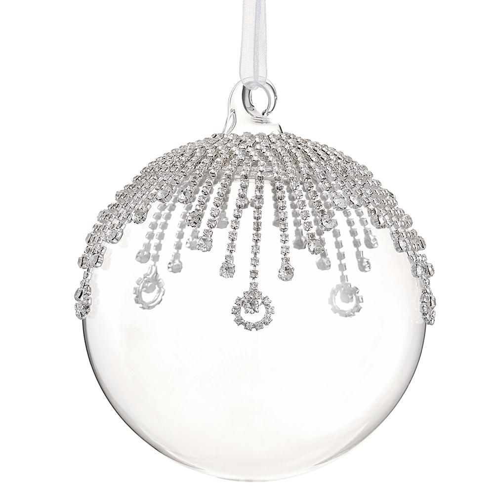 5.75" DIAMOND TASSEL GLASS BALL ORNAMENT - CLEAR SILVER