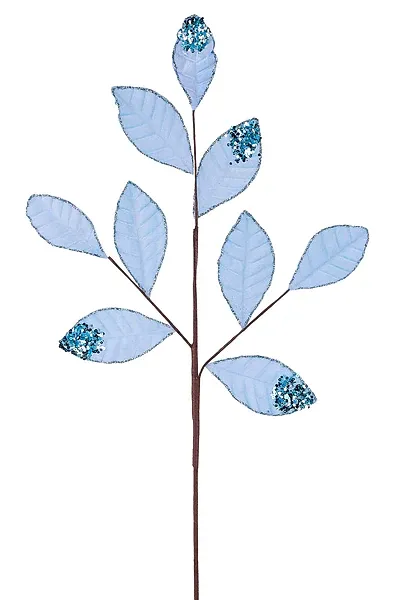 27"L LIGHT BLUE VELVET/GLITTER MAGNOLIA LEAF SPRAY