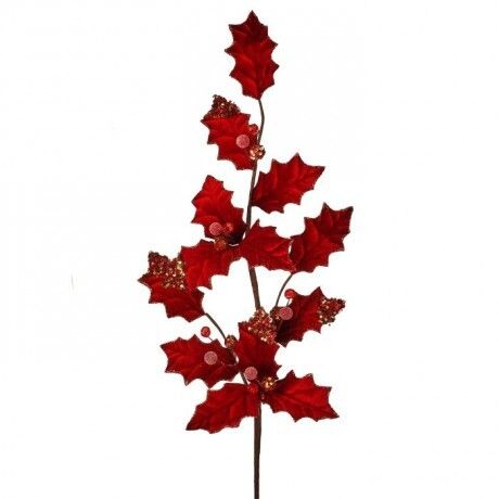 29" VELVET HOLLY SPRAY - RED/GOLD