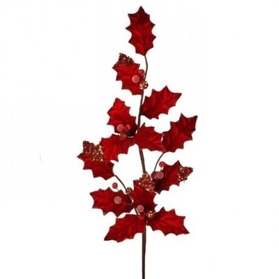 29" VELVET HOLLY SPRAY - RED/GOLD