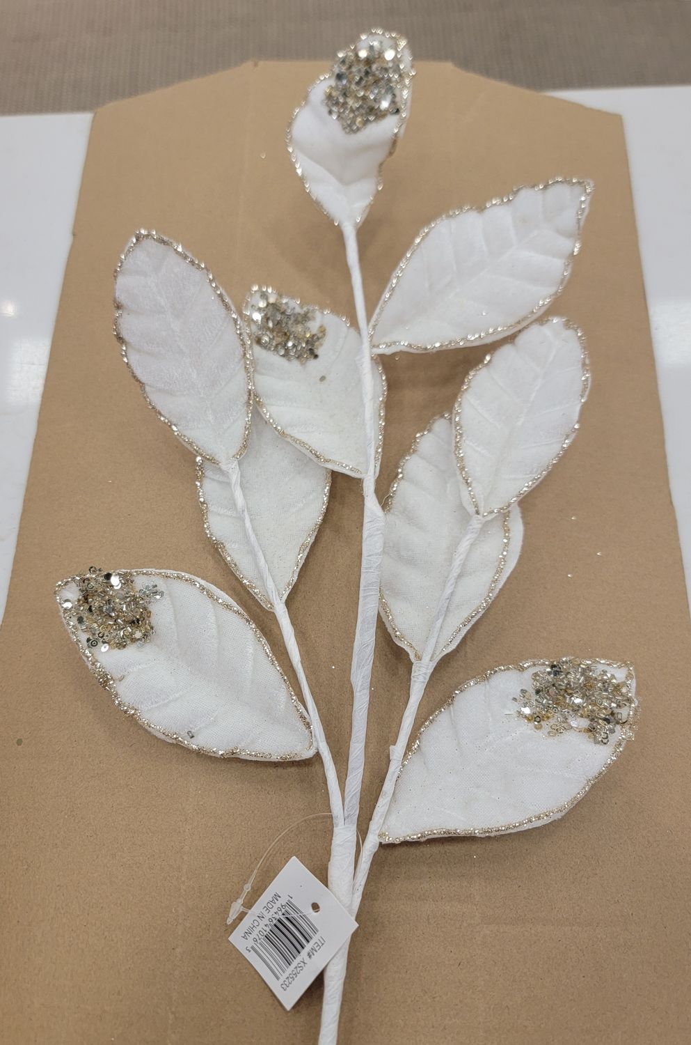 27"L CREAM VELVET/GLITTER MAGNOLIA LEAF SPRAY