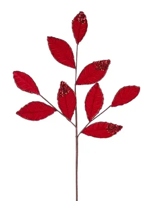 27"L RED VELVET/GLITTER MAGNOLIA LEAF SPRAY